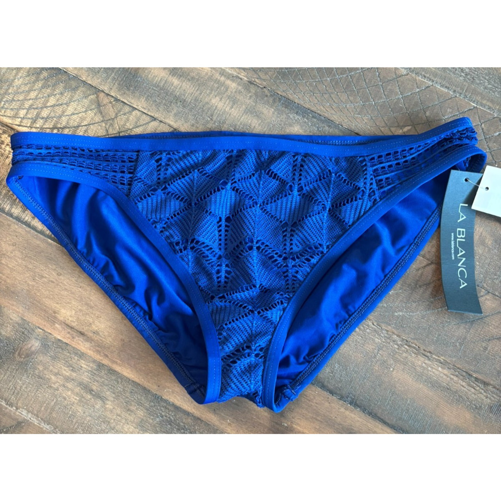 NWT La Blanca‎ Swim Bottoms Sz 12 Island Goddess Bikini Blue Crochet Open Sides